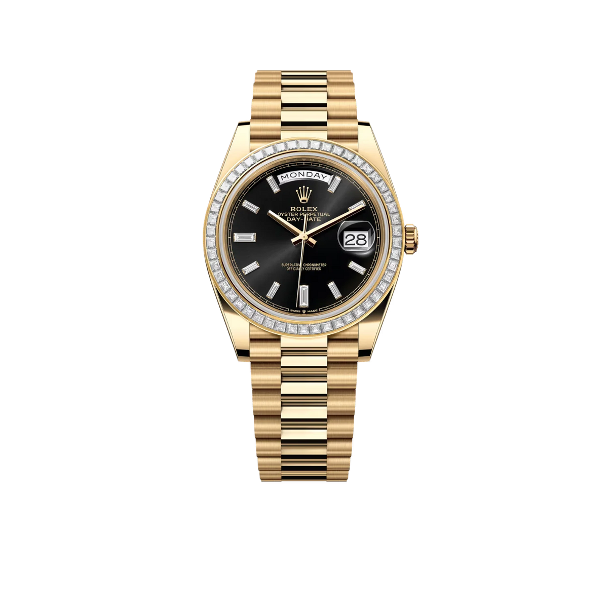Day-Date 40mm Yellow Gold Black Baguette Diamond Dial Baguette Bezel m228398tbr-0001