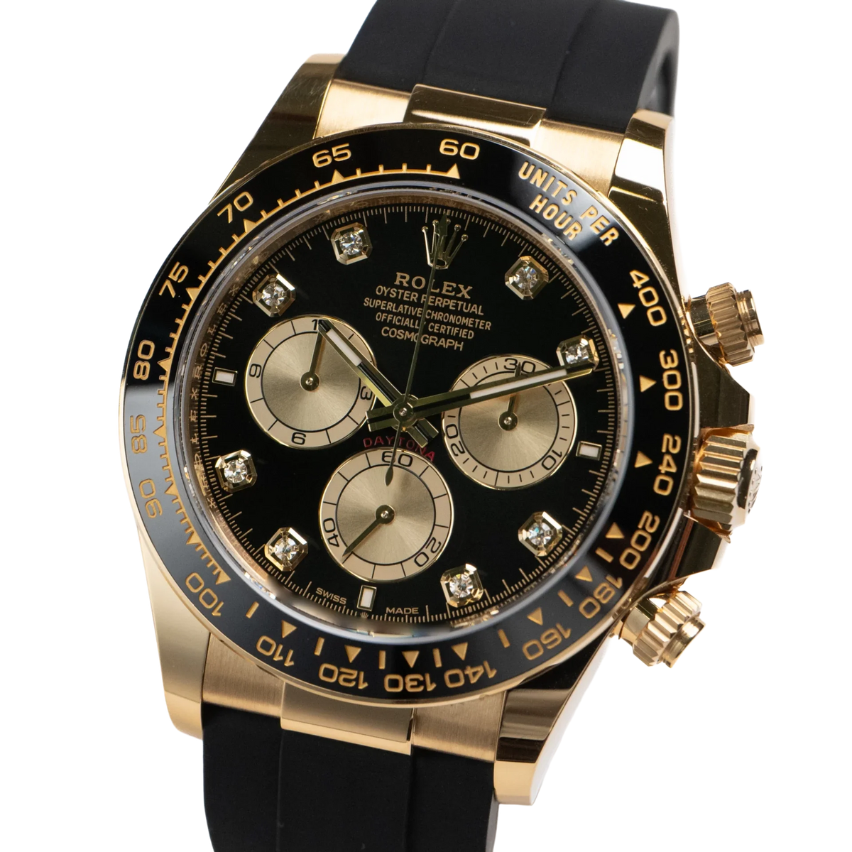 Daytona 40mm Yellow Gold Black and Golden Diamond Dial Oysterflex 126518LN