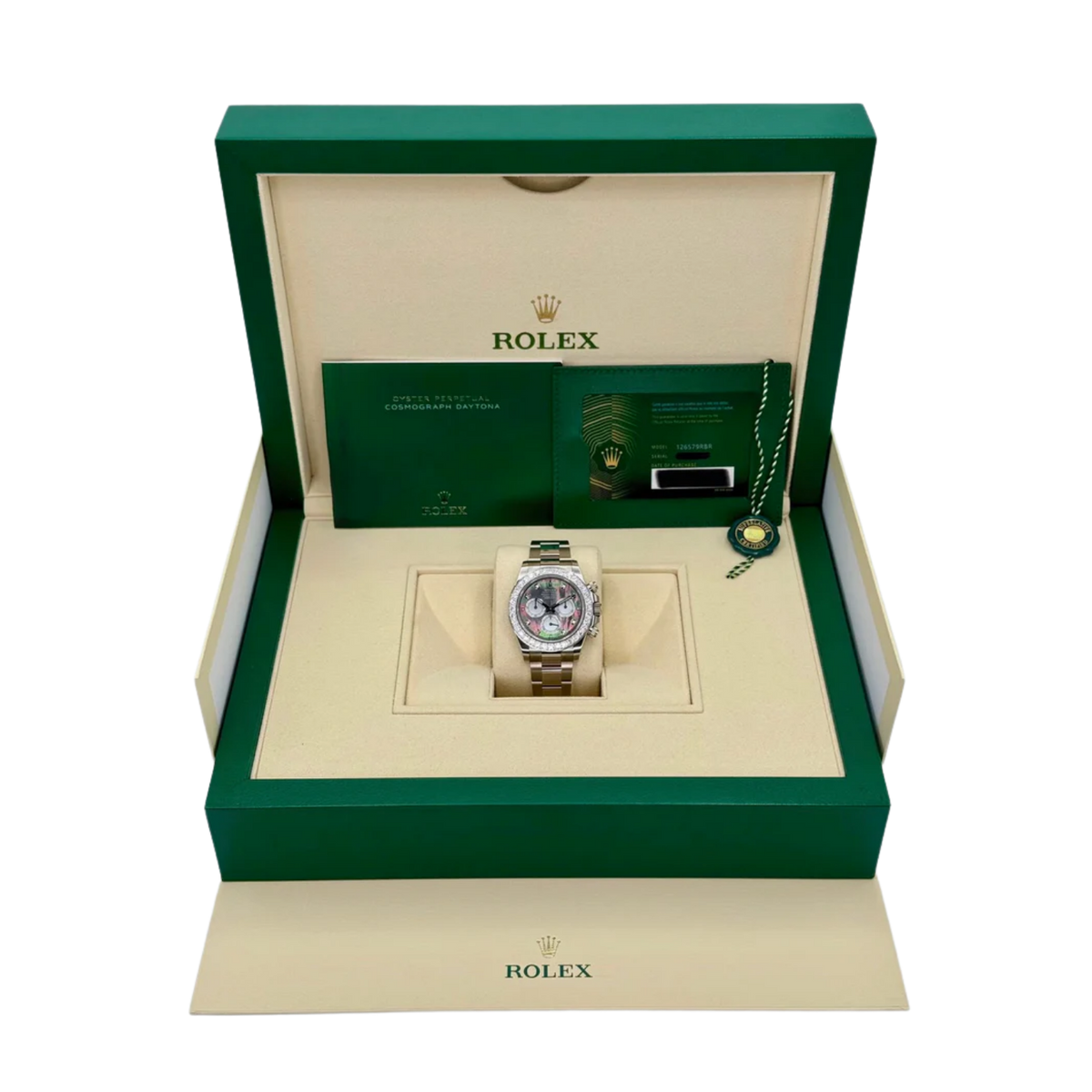 Daytona 40mm Oyster White Gold Black and White Mother of Pearl Diamond Dial & Bezel 126579RBR