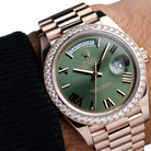 Day-Date President 40mm Everose Gold Olive Green Roman Dial Diamond Bezel - 228345RBR - New 2025