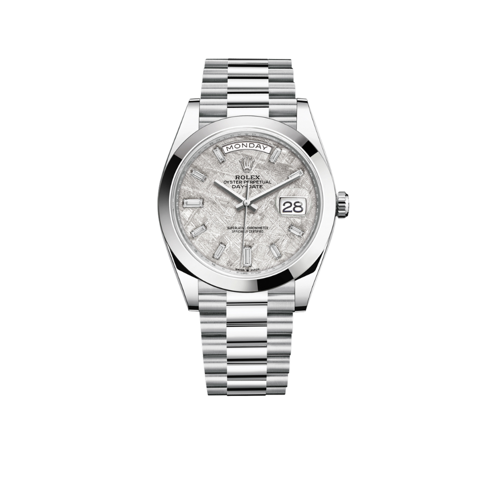 Day-Date 40 Platinum Day-Date Smooth Bezel Meteorite Baguette Diamond Dial President Bracelet 228206
