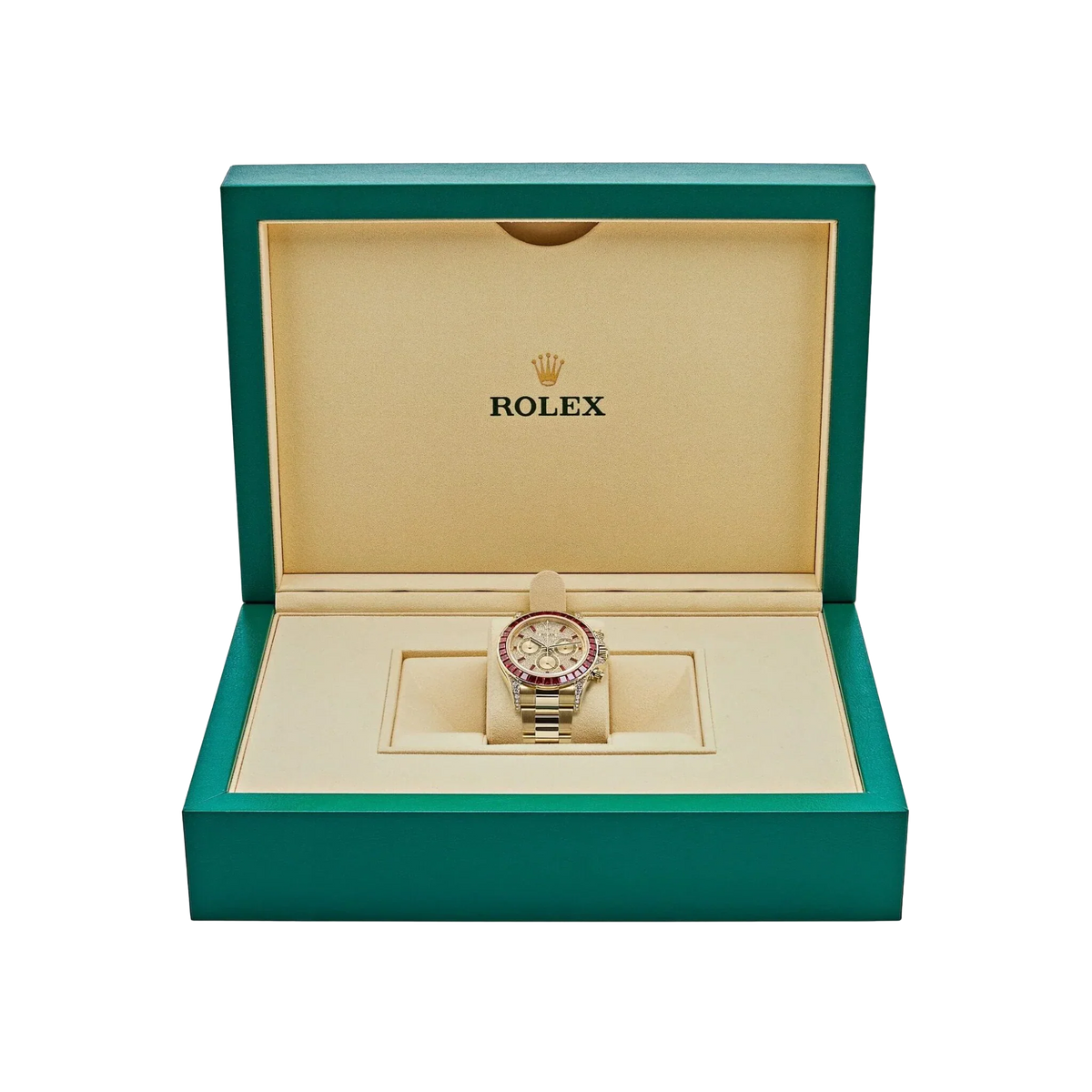 Daytona 126598TRU Yellow Gold Ruby Bezel Diamond Pave Dial