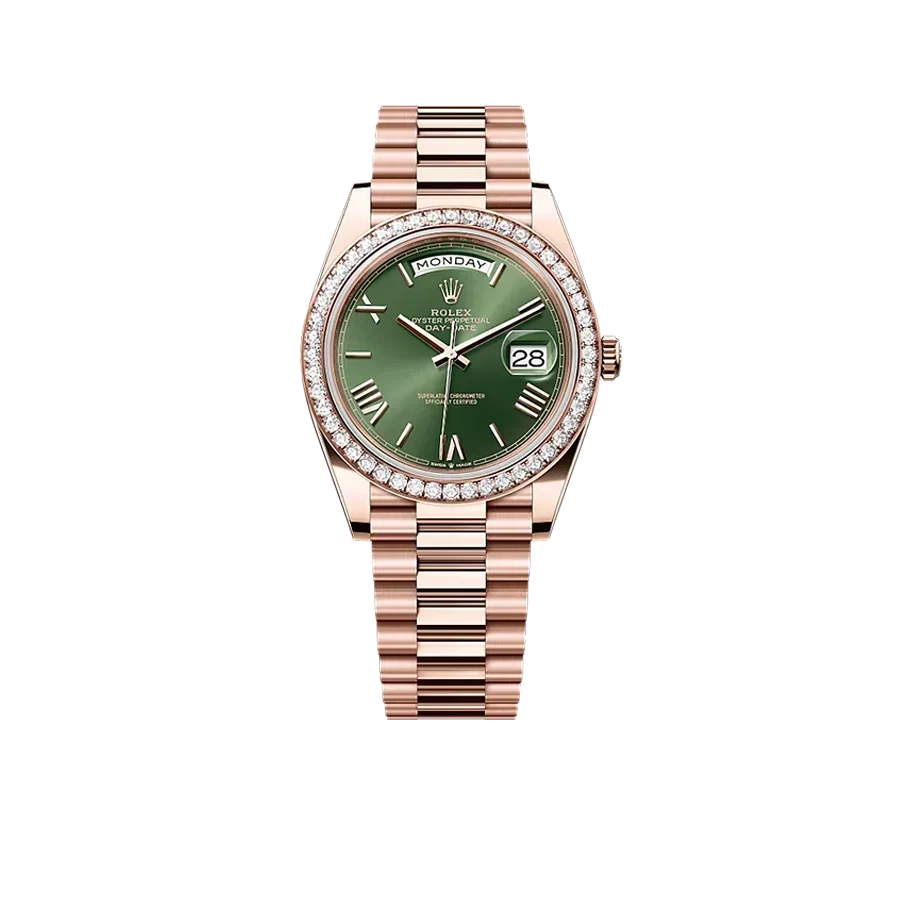 Day-Date President 40mm Everose Gold Olive Green Roman Dial Diamond Bezel - 228345RBR - New 2025